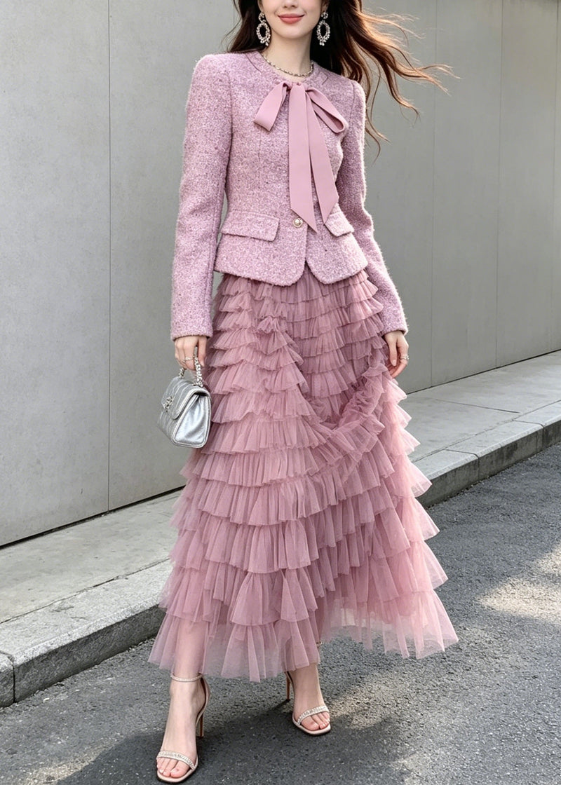 New Purple Woolen Coat and Tulle Ruffled Skirts Sets 2 Pieces Fall