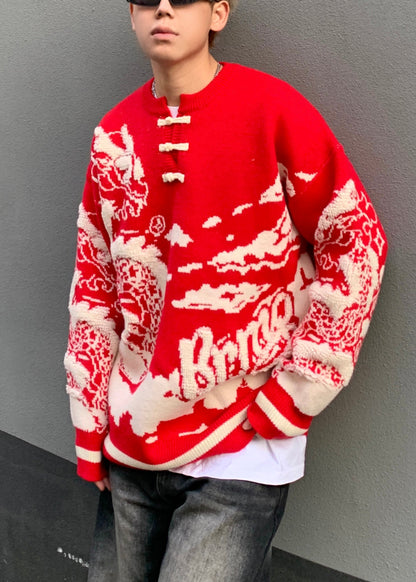 New Red Button Patchwork Knit Sweaters Spring