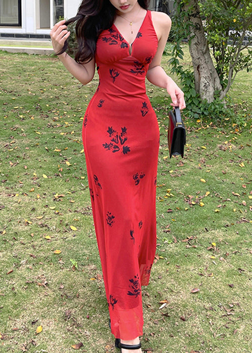 New Red V Neck Print Tulle Maxi Dresses Sleeveless