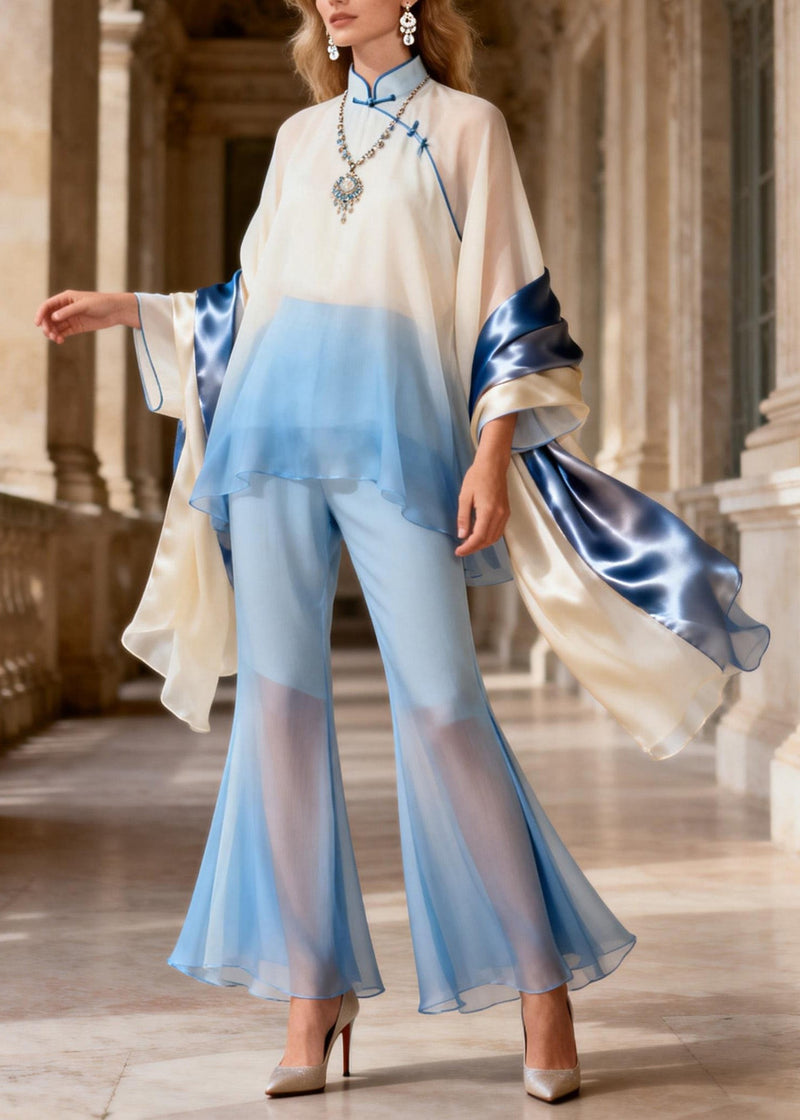 New Retro Mandarin Collar Silk Two Pieces Set Spring