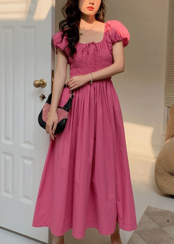 New Rose Lace Up Wrinkled Cotton Long Dress Short Sleeve