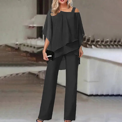 CD | Set elegant format dintr-o bluză cu volane fără umeri și pantaloni cu picior drept pentru femei