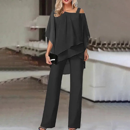 CD | Set elegant format dintr-o bluză cu volane fără umeri și pantaloni cu picior drept pentru femei