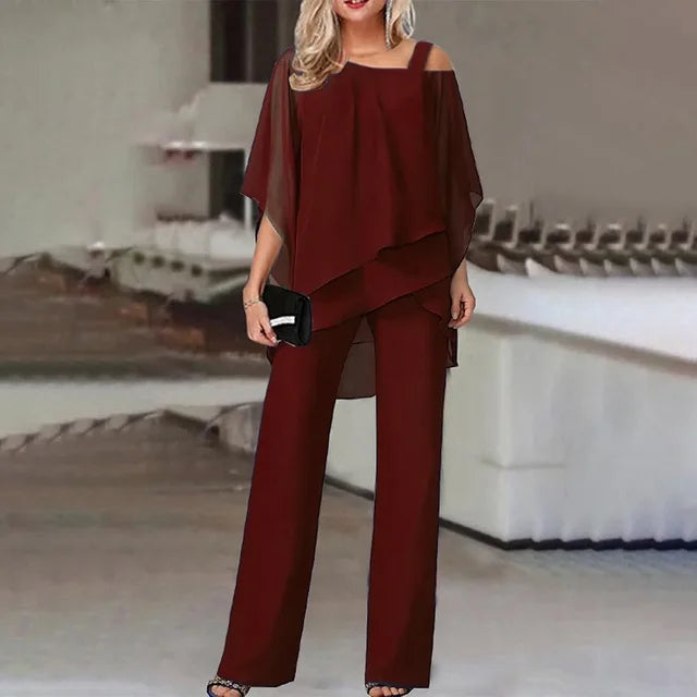 CD | Set elegant format dintr-o bluză cu volane fără umeri și pantaloni cu picior drept pentru femei