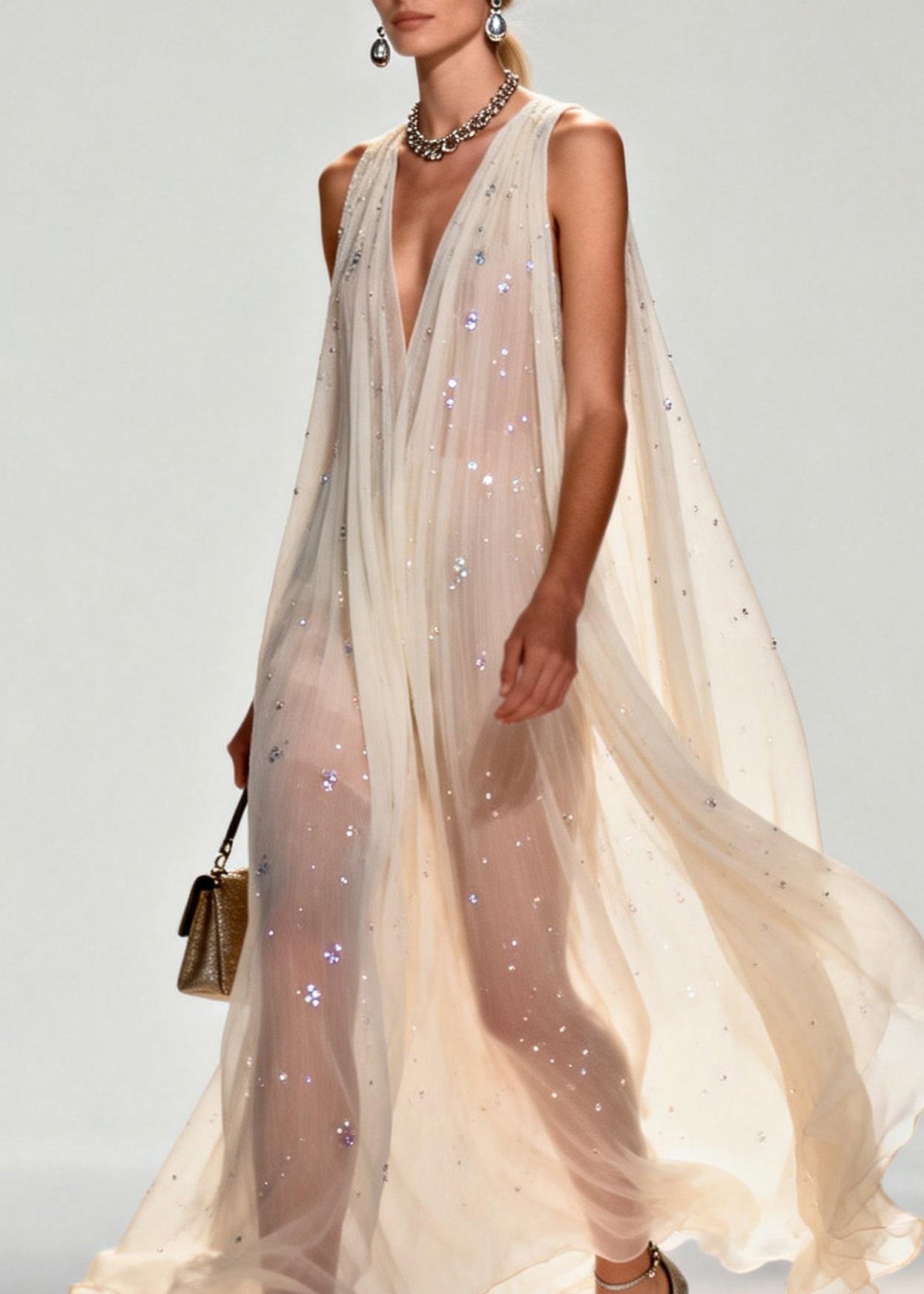 New Style V Neck Zircon Chiffon Maxi Dress Sleeveless