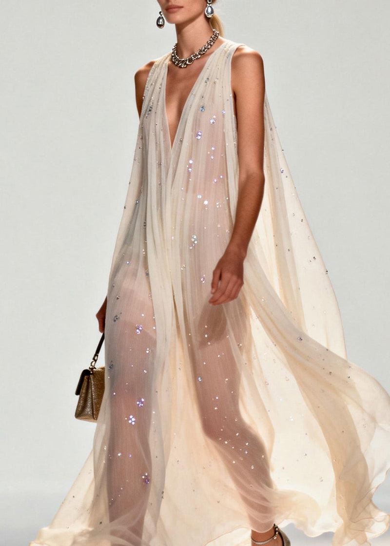 New Style V Neck Zircon Chiffon Maxi Dress Sleeveless