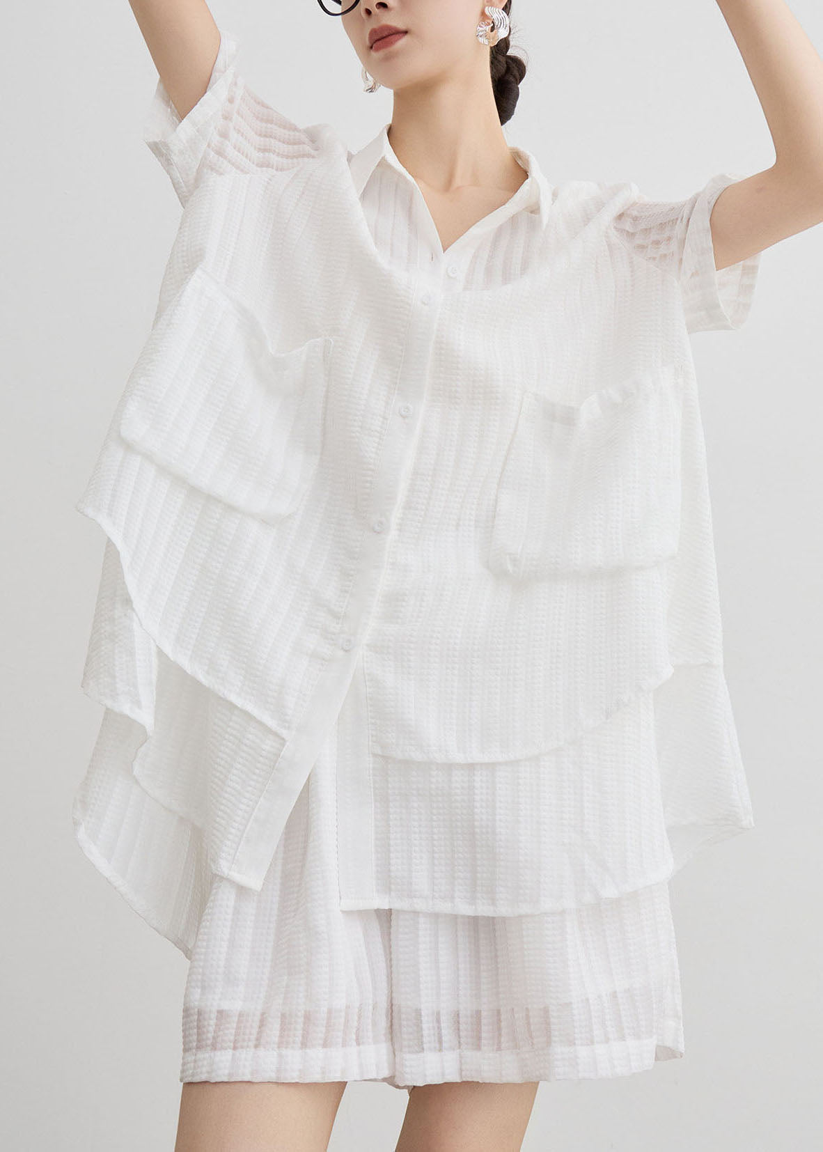 New White Peter Pan Collar Striped Cotton Two Piece Suit Set Summer