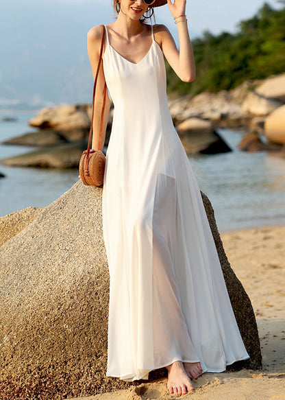 New White V Neck Chiffon Spaghetti Strap Dress Sleeveless