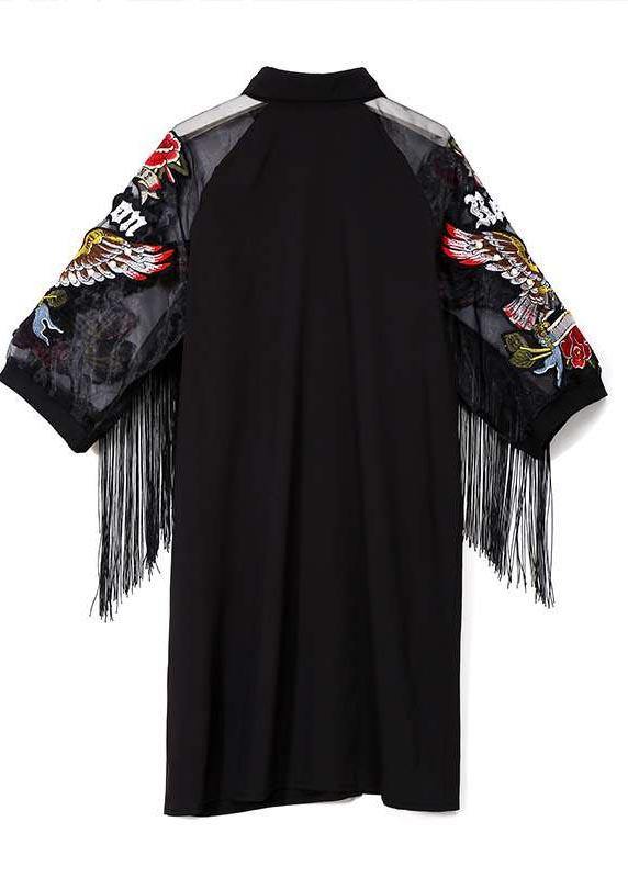 New Woman Black Shirt Embroidery Fringe Dress
