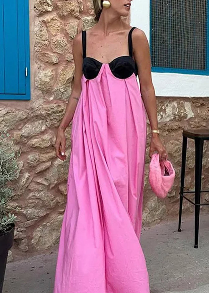 New Pink Patchwork Backless Sleeveless Suspender Dress