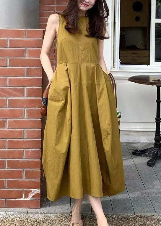 New Yellow Pockets Cotton Long Dresses Sleeveless