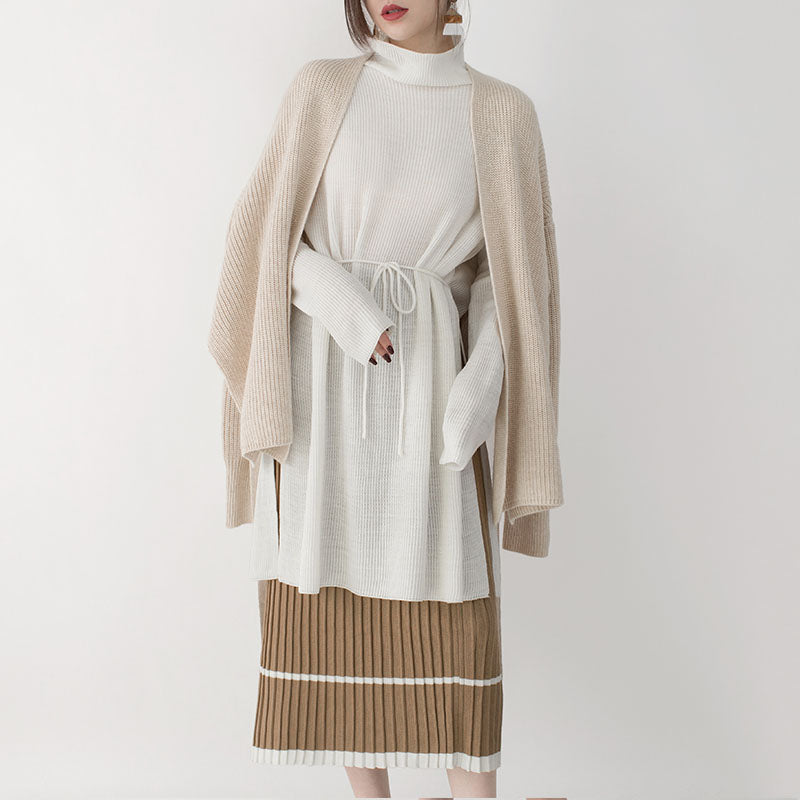 New Beige Winter Sweater V Neck Tie Waist Knit Sweat Tops Top