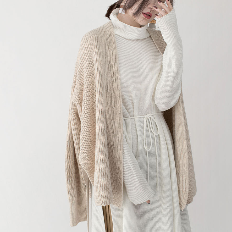 New Beige Winter Sweater V Neck Tie Waist Knit Sweat Tops Top