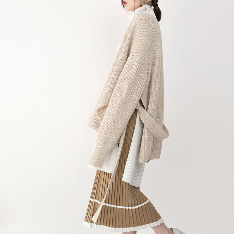 New Beige Winter Sweater V Neck Tie Waist Knit Sweat Tops Top