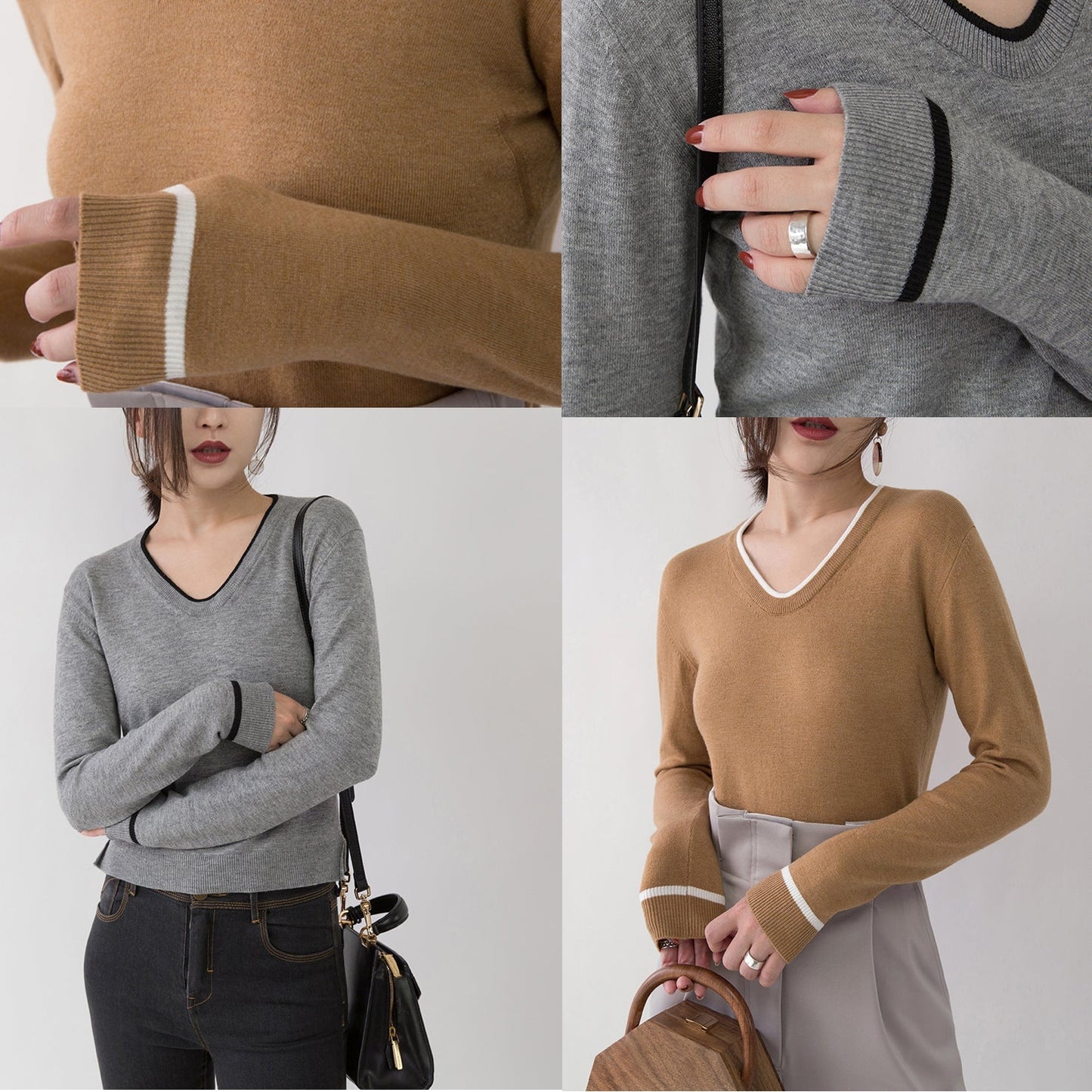 New Gray Cozy Sweater Loose Fitting V Neck Sweaters Side Open Sweaters