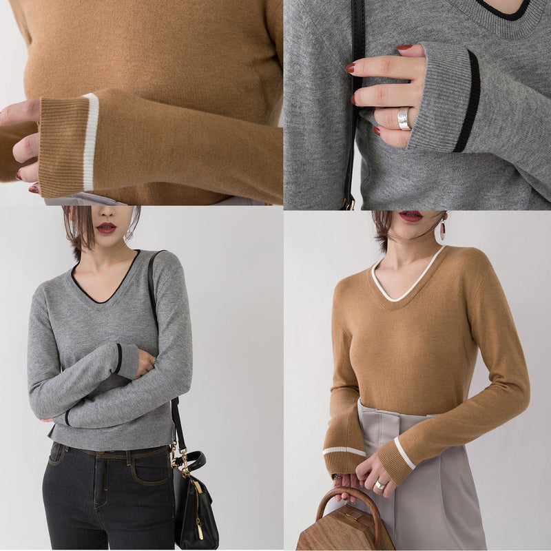 New Gray Cozy Sweater Loose Fitting V Neck Sweaters Side Open Sweaters