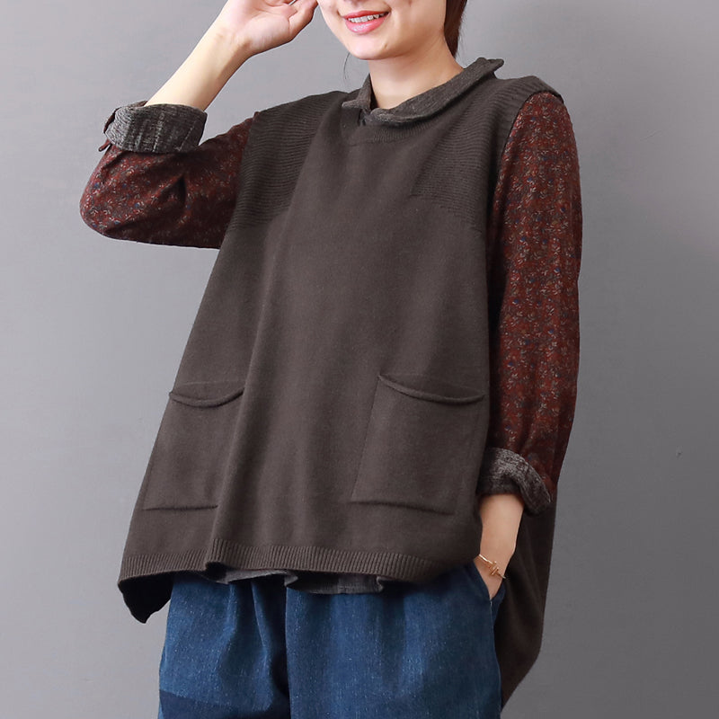 New Khaki Cozy Sweater Loose Fitting Lapel Collar Sweaters Sleeveless Top