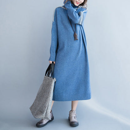 New Light Blue Long Sweaters Clothing Patchwork Winter Dress High Neck Pullover Sweater