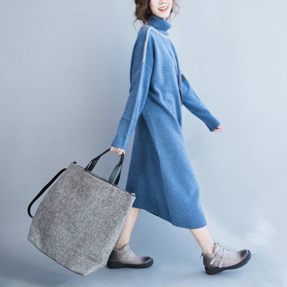 New Light Blue Long Sweaters Clothing Patchwork Winter Dress High Neck Pullover Sweater
