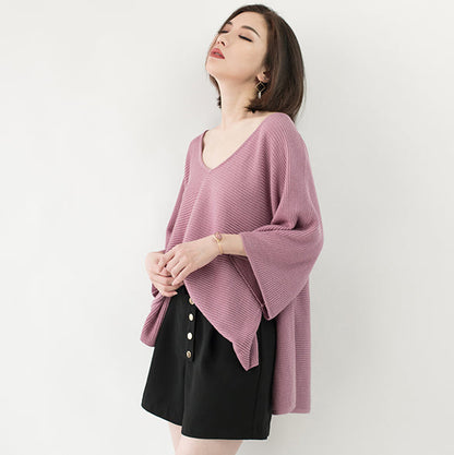 New Pink Sweater Loose Fitting V Neck Knit Sweat Tops Batwing Sleeve Top
