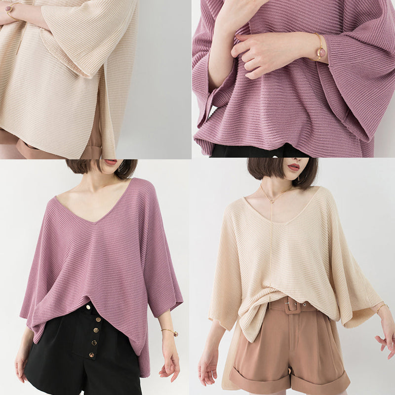 New Pink Sweater Loose Fitting V Neck Knit Sweat Tops Batwing Sleeve Top