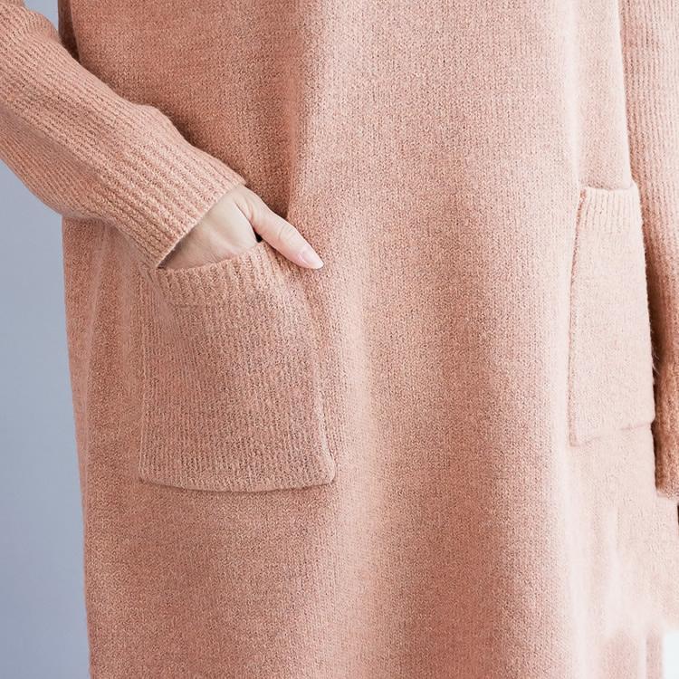 New Warm Thick Dark Blue Cotton Woolen Knitted Dresses Loose High Neck Sweater Dress Side Open