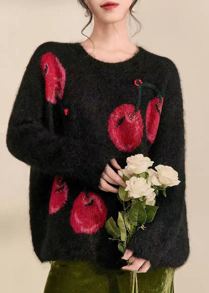 Novelty Black O-neck Print Cozy Cotton Knit Sweaters Spring
