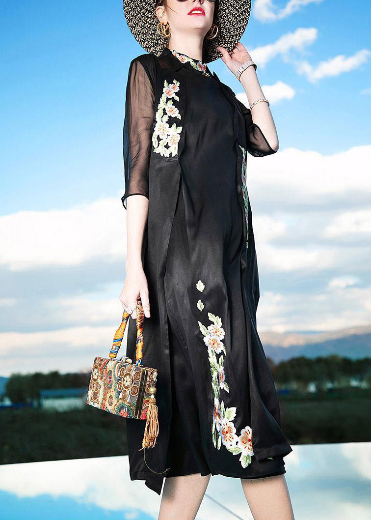 Novelty Black Stand Collar Embroideried Button Silk Maxi Dress Summer