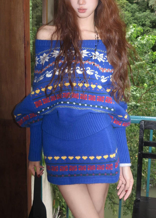 Novelty Blue Slash Neck Print Cotton Knit Sweater and Skirts Two Pieces Set Spring
