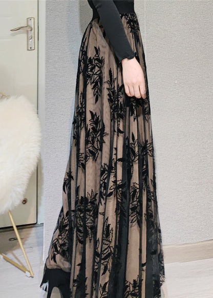 Novelty Chocolate Embroideried High Waist Draping Tulle Maxi Skirt Spring