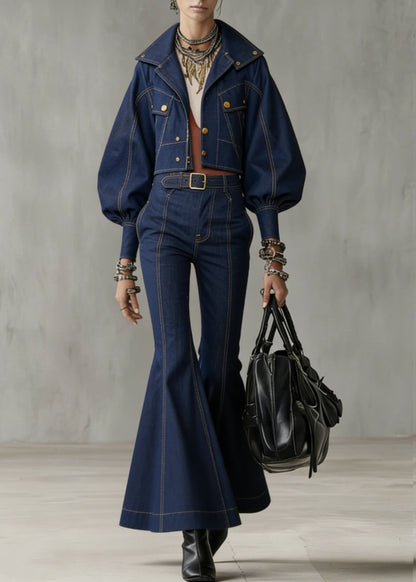 Novelty Denim Blue Patchwork Coat and Flared Trousers Two Pieces Set Flare Sleeve