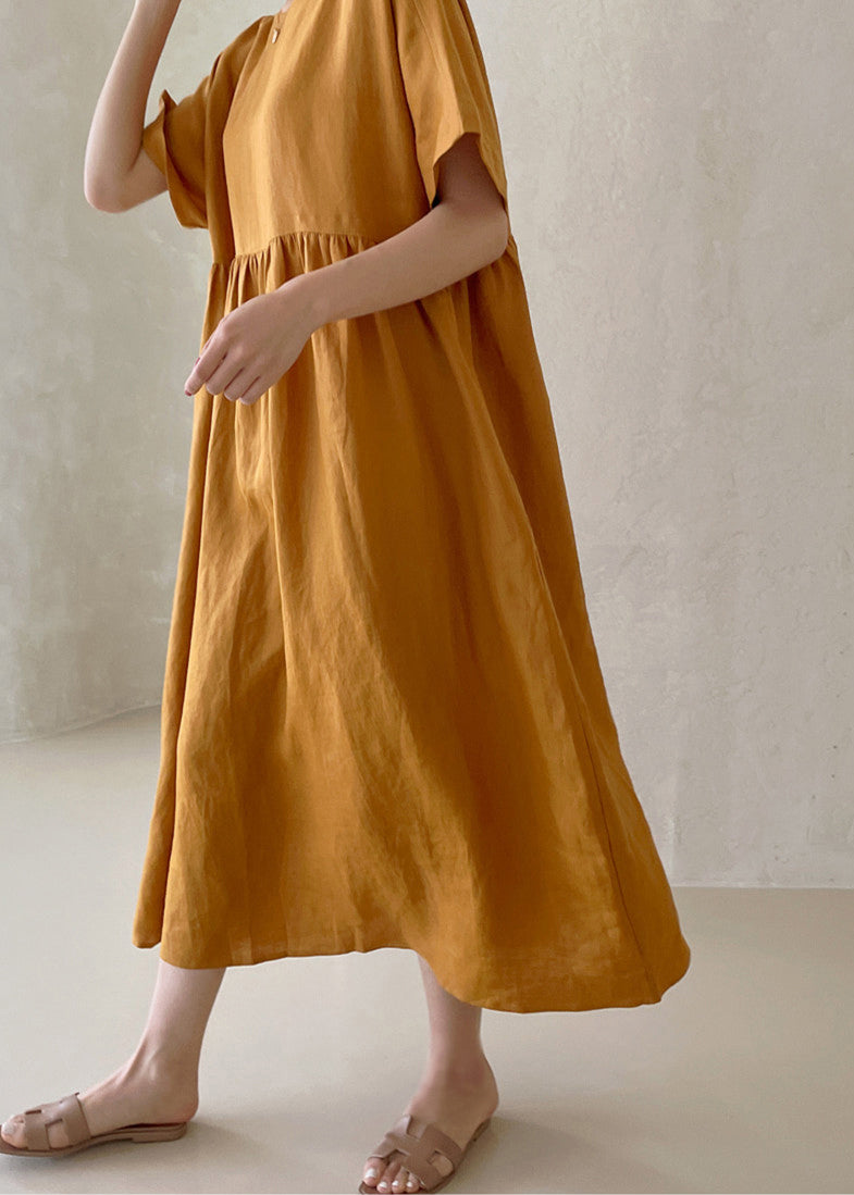 Novelty Ginger O-neck Wrinkled Button Maxi Dresses Short Sleeve