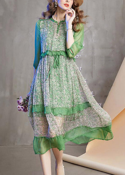 Novelty Green O-neck Print Patchwork Ruffled Tie Waist Holiday Maxi Dress Summer