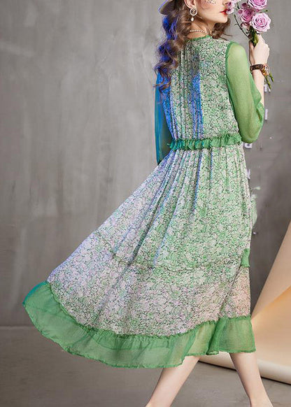 Novelty Green O-neck Print Patchwork Ruffled Tie Waist Holiday Maxi Dress Summer