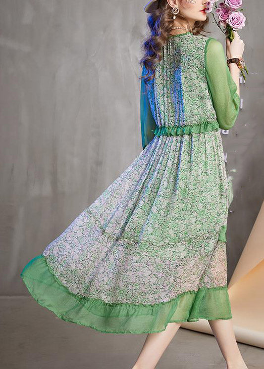 Novelty Green O-neck Print Patchwork Ruffled Tie Waist Holiday Maxi Dress Summer