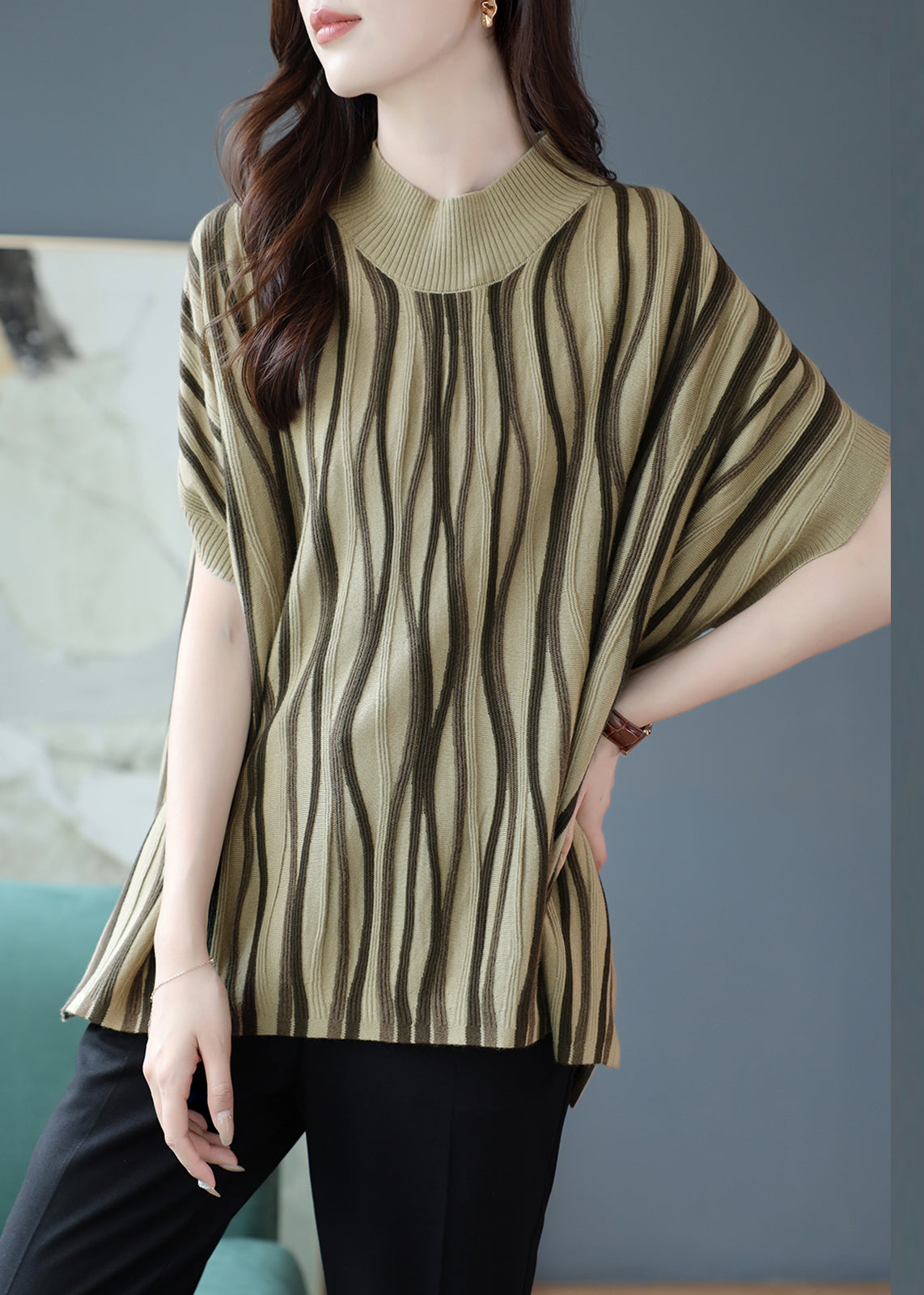 Novelty Khaki O-neck Striped Patchwork Cozy Knit Sweaters Fall