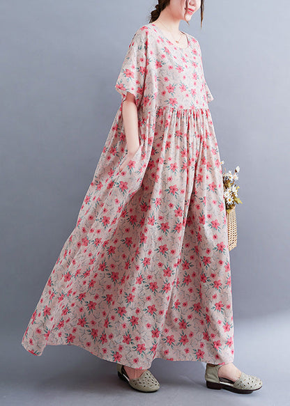 Novelty Pink O-neck Patchwork Print Cotton Maxi Dresses Summer