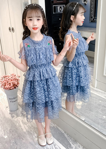 Novelty Pink O-neck Ruffled Patchwork Long Dresses Short Sleeve