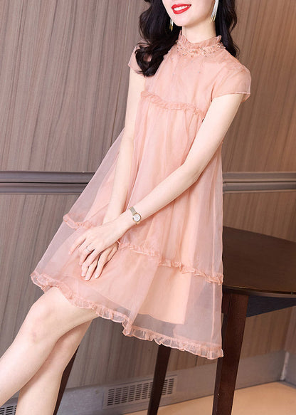 Novelty Pink Ruffled Patchwork Nail Bead Tulle Mid Dress Summer