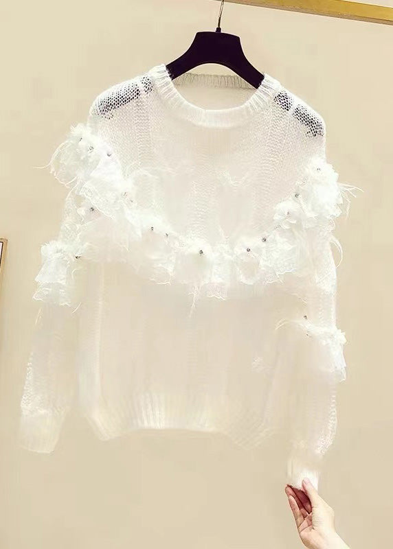 Novelty White Patchwork Nail Bead Knit Sweaters Spring
