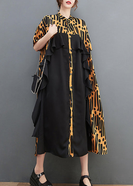 Novelty Yellow Stand Collar Ruffles Print Chiffon Patchwork Shirt Dress Short Sleeve