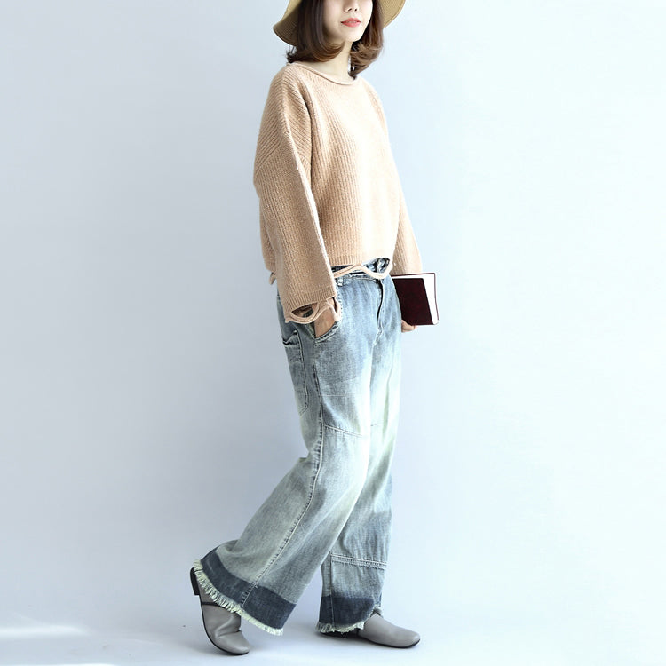 Nude Short Knit Sweaters Drop Hem Oversized Pullover Sweater Tops