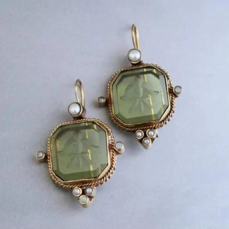 Vintage Blue Floral Engraved Gemstone Earrings