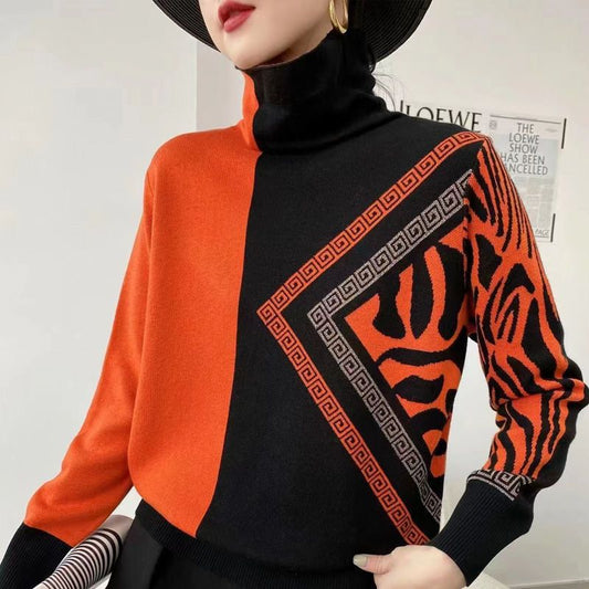 CD | Pulover elegant cu guler tip broască țestoasă și model geometric