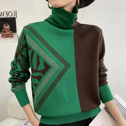CD | Pulover elegant cu guler tip broască țestoasă și model geometric