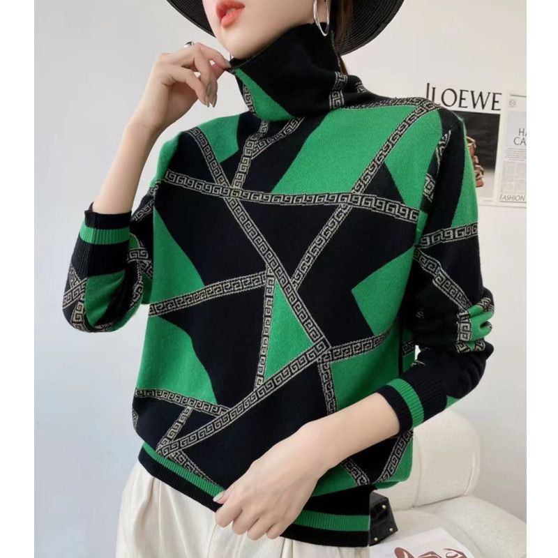 CD | Pulover elegant cu guler tip broască țestoasă și model geometric