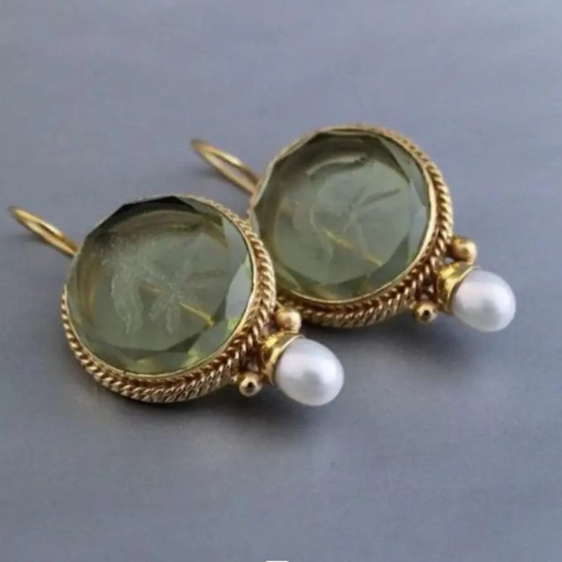 Vintage Blue Floral Engraved Gemstone Earrings