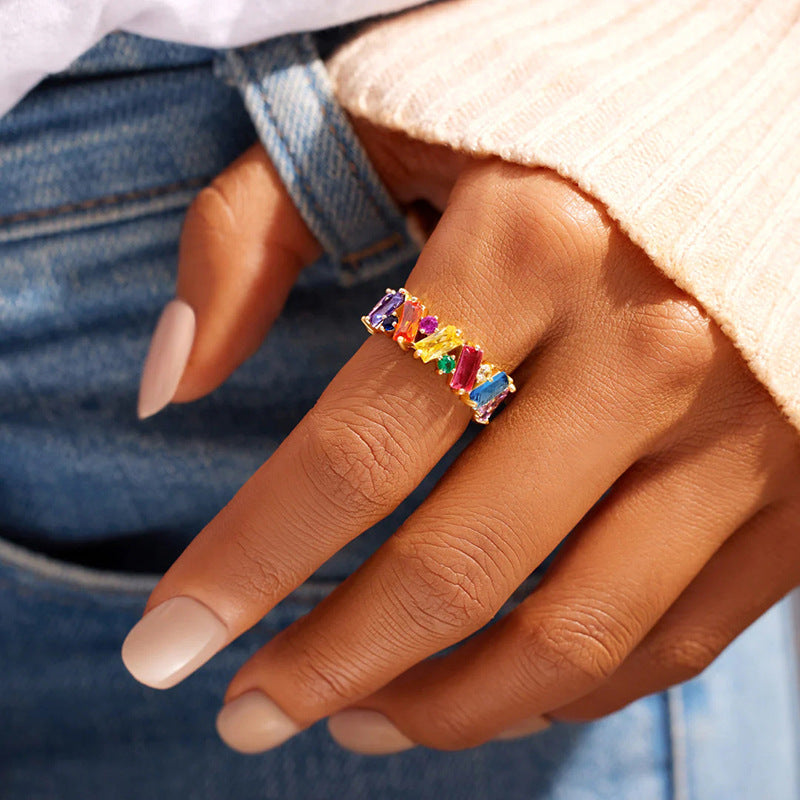Elegant Rainbow Baguette Eternity Band Ring
