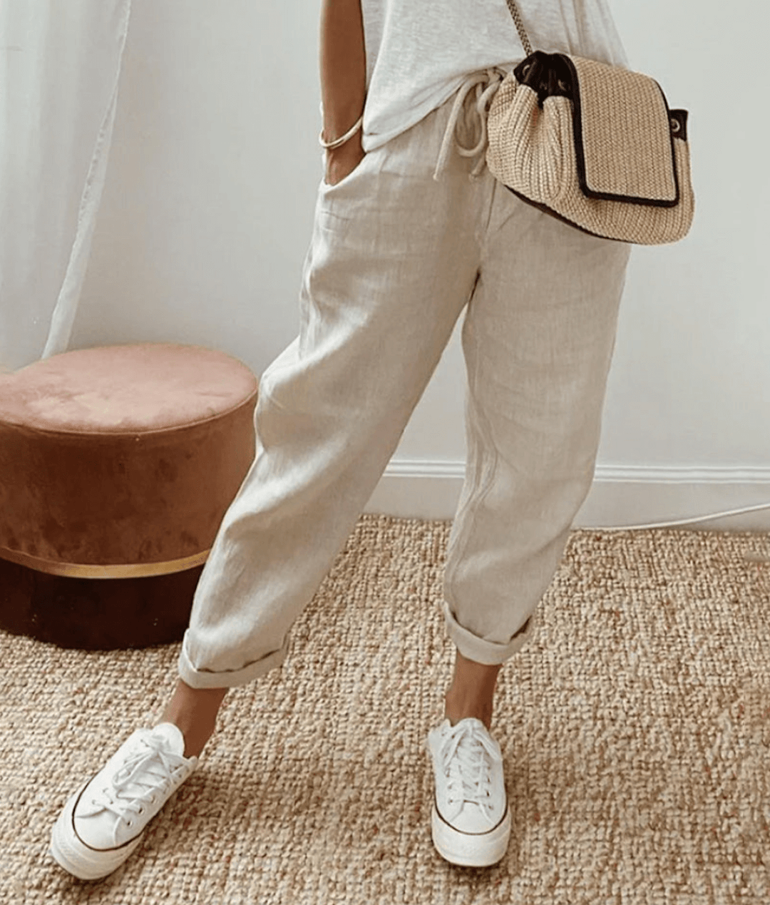 CD | Pantaloni eleganți din bumbac și in