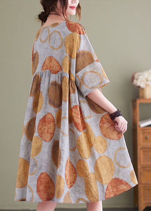 Orange Dot Print Cotton Vacation Dresses O-neck Wrinkled Short Sleeve